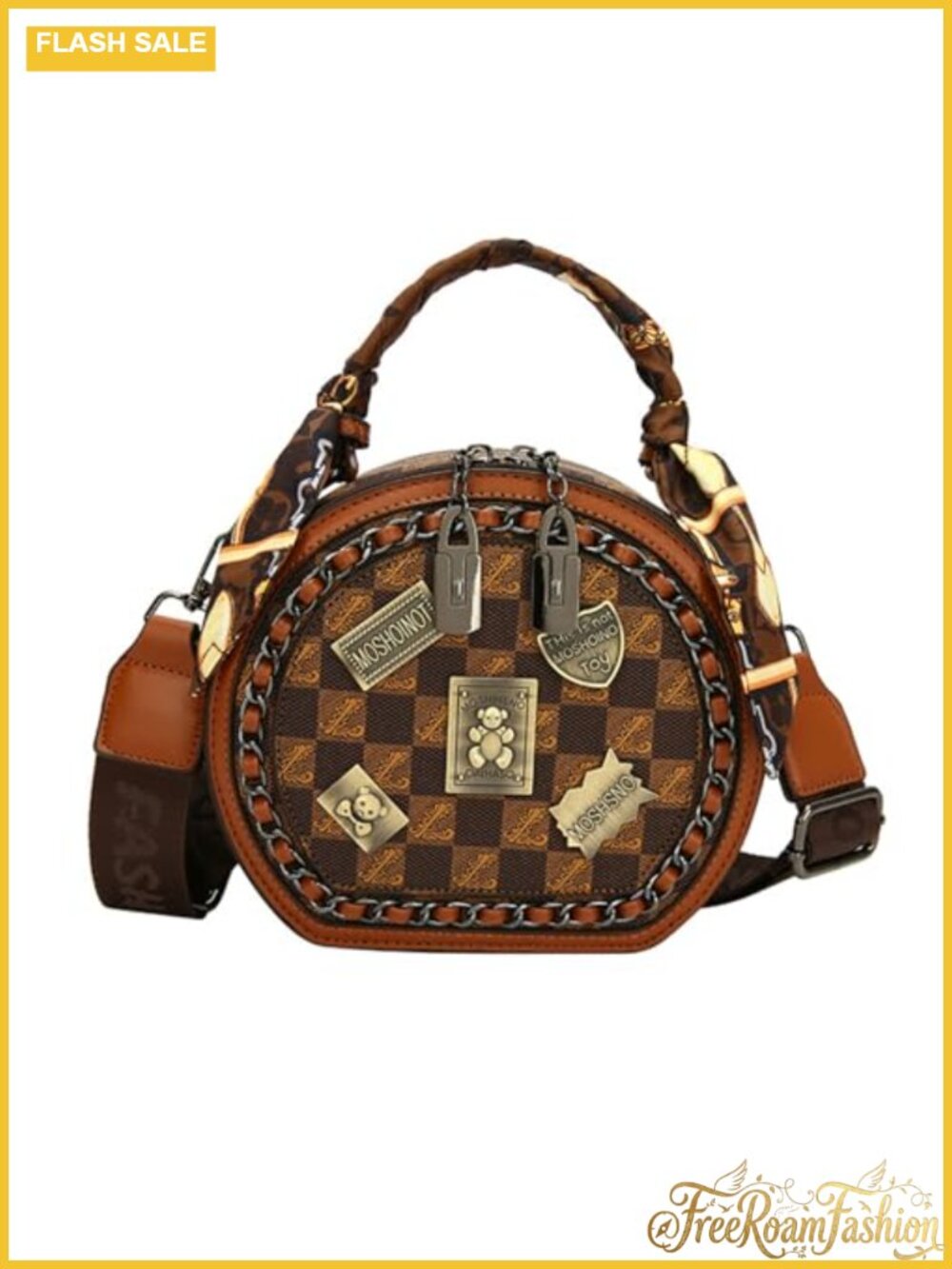 Vintage Checkered Round Crossbody Bag Detachable Strap Large Capacity Tote